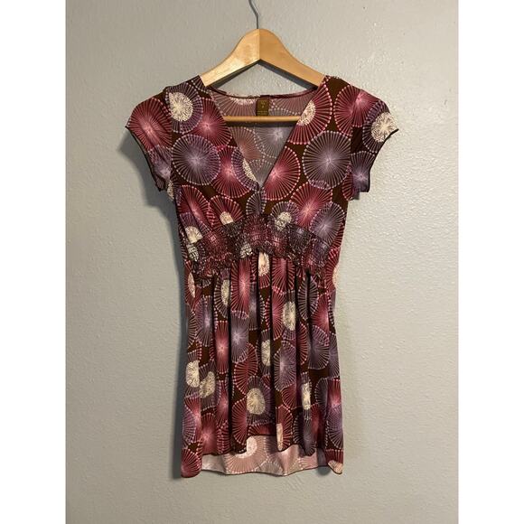 Vintage Copper Key Womens Top Small Abstract Smocked Stretch Babydoll Fairy Y2K - Picture 1 of 6